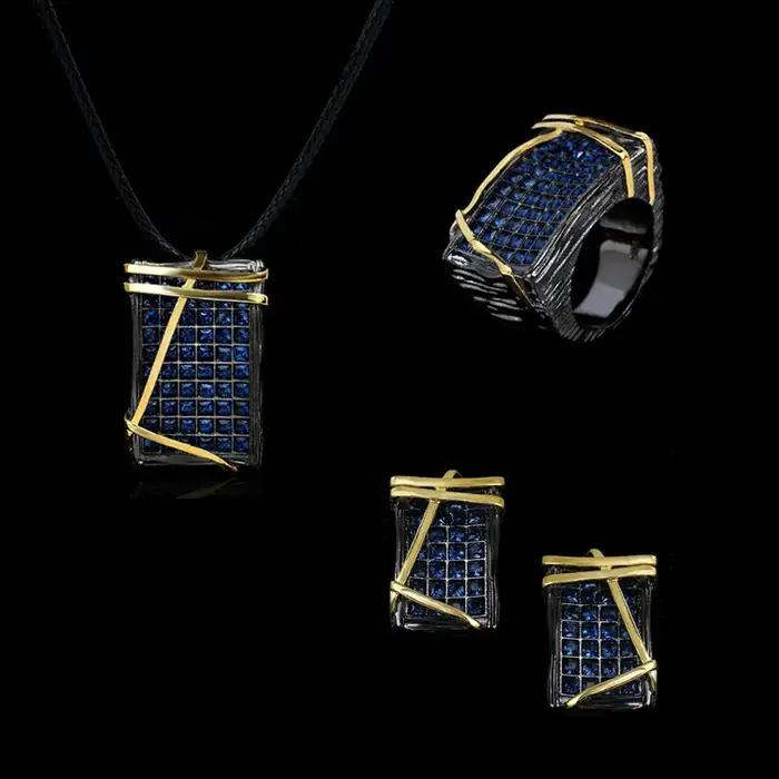 Ensemble de Bijoux Géométriques en Or Noir et Bleu, Bague Irrégulière, Collier, Boucles d'Oreilles,