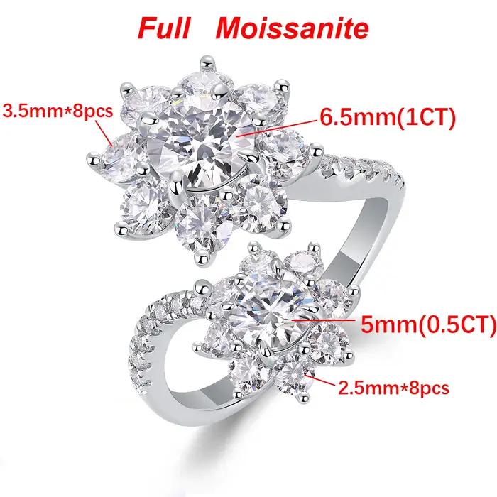 BXINY luxe complet Moissanite anneaux S925 argent pour les femmes Double soleil fleurs réglable fian