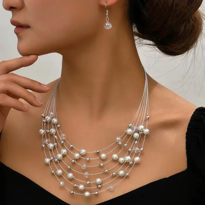 Collier multicouche pour femmes, imitation de perles mélangées avec cristal, ensemble de boucles d'o