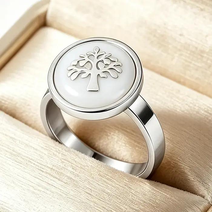 Bague Arbre de Vie en acier inoxydable avec motif d'arbre et émail blanc pour femmes, alliance de mariage, cadeau d'anniversaire, bijou tendance pour toutes les occasions