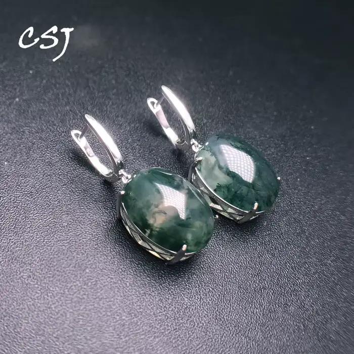 Boucles d'Oreilles en Agate Mousse Naturelle pour Femme, Argent Massif 925, Pierre Précieuse Indienne, 13x18mm, Dimensions de Mariage, Cadeau de ix