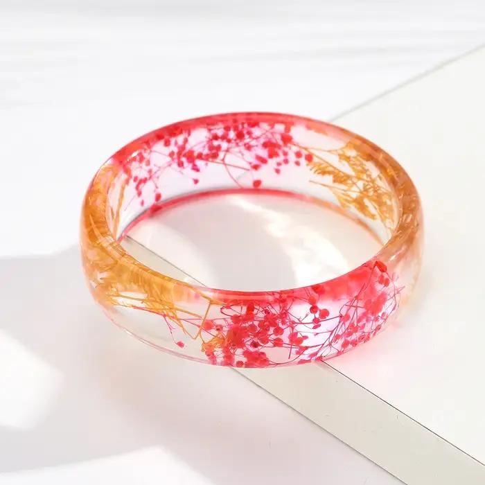 Nouveau bracelet large en résine époxy avec fleurs séchées pour femme, style rétro, transparent, en