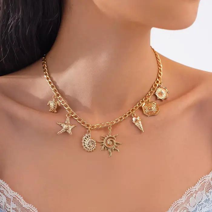 Salircon soleil étoile de mer pétoncle pendentif collier pour femmes Vintage conque été plage vacanc