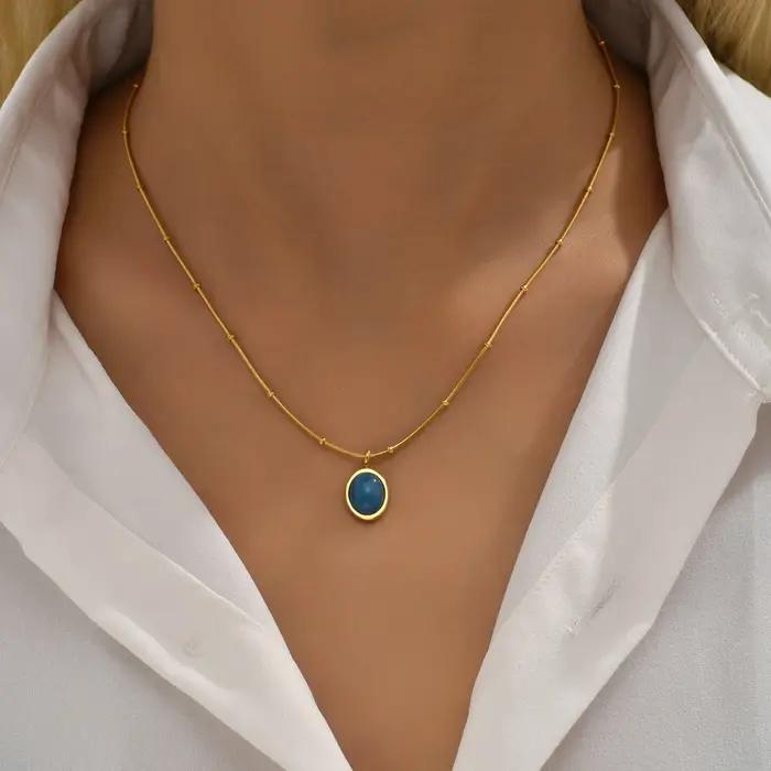 Collier aigue-marine ovale bleu en acier inoxydable plaqué or 18 carats pour femmes occasion spéciale anniversaire cadeau d'occasion mariage