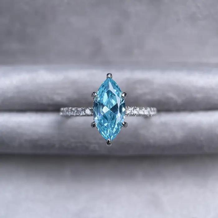 Wong Rain 925 argent Sterling Marquise coupe 6*12 MM aigue-marine haute teneur en carbone diamant gemmes bague de fiançailles pour les femmes bijoux fins