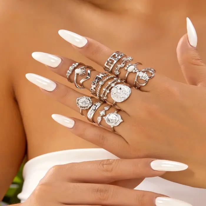 Ensemble de 15 bagues empilables vintage couleur argent pour femmes