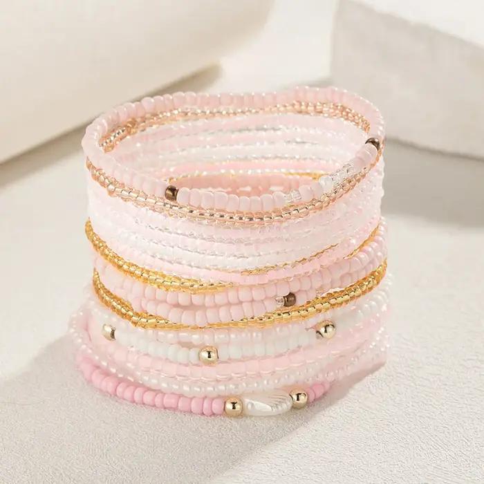 Lot de 17 bracelets en perles pastel pour femme, style bohème, avec breloques coquillages, élastique