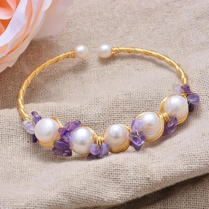 Bracelet en perles d'eau douce 100% naturelles et cristal violet