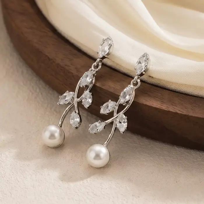 Ensemble de bijoux pour femmes, 2 pièces, collier et boucles d'oreilles de luxe en zircone et perles, accessoires de bijoux pour fête, bal, mariage, cadeau