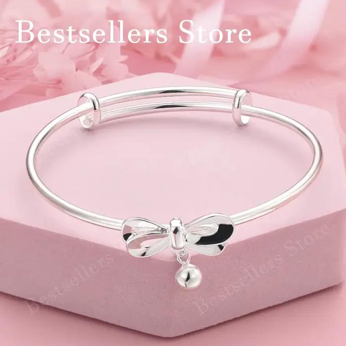Bracelet ajustable en argent sterling 925 avec un élégant nœud et une clochette pour femmes, bijoux de mariage et de fête à la mode