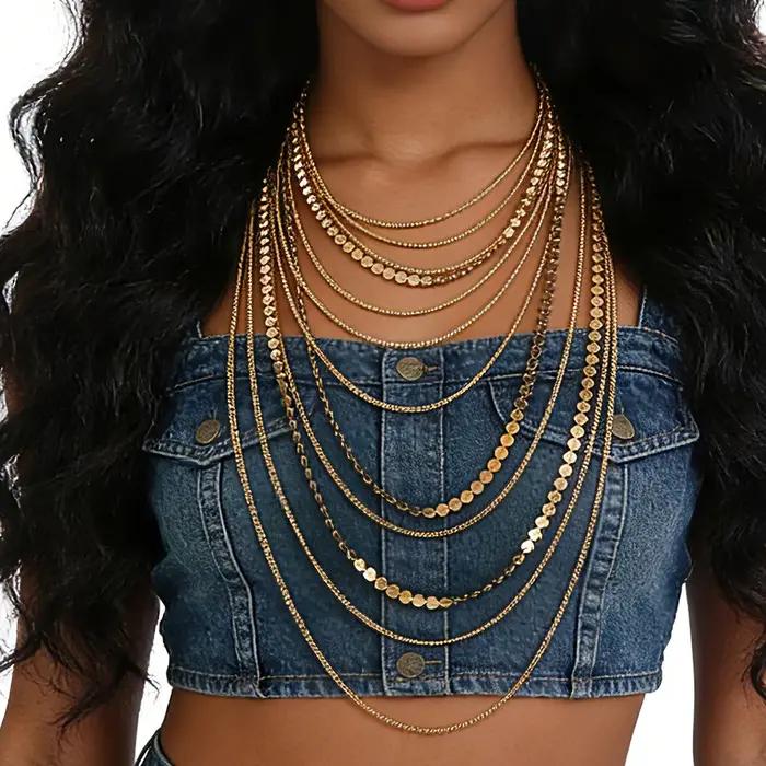 Collier doré à déclaration pour femmes avec motifs de chaînes mixtes, chaîne d'extension, style moderne et audacieux pour soirées et événements formels