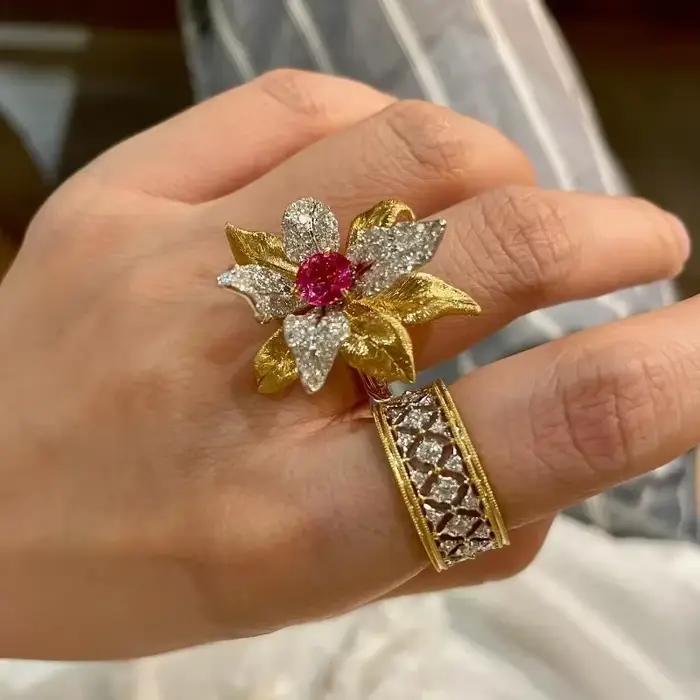 Vintage incrustation Unique luxe rubis frappant fleur anneaux pour les femmes exquis créatif exagéré bague de fiançailles argent 925 bijoux