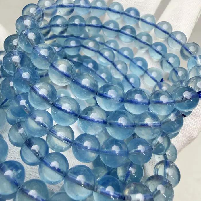 Bracelet et collier de perles rondes en aquamarine bleu profond naturel 6A pour la création de bijoux fins