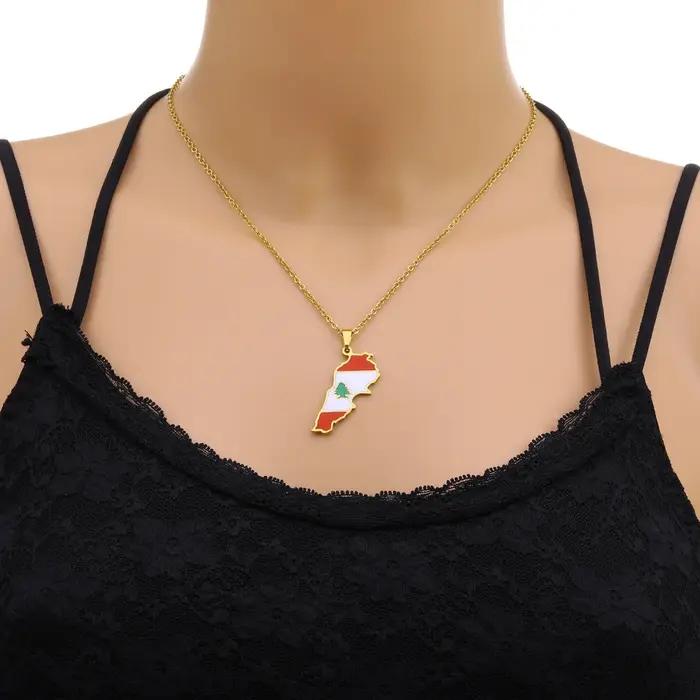 Collier pendentif en acier inoxydable avec carte du Liban et drapeau