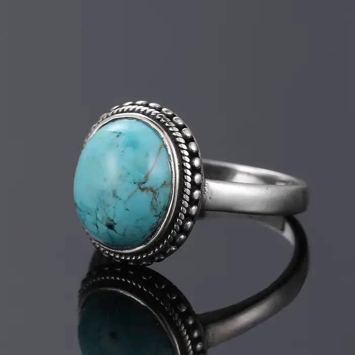 Bague Vintage en Argent Sterling S925 Turquoise Naturelle Bijou Luxe Cadeau Anniversaire Fête Spéciale Femme Occasions Spéciales