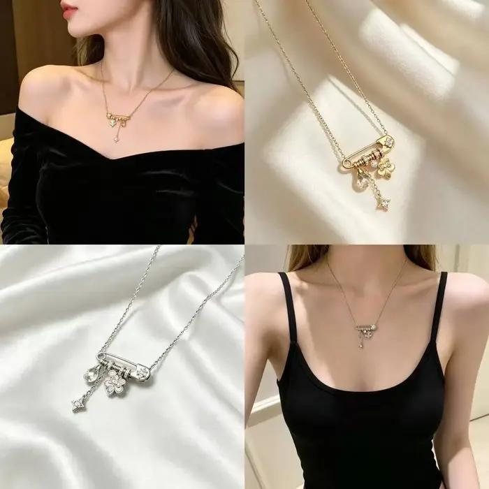 Collier pendentif broche étoile iris brossé avec perle pour femme