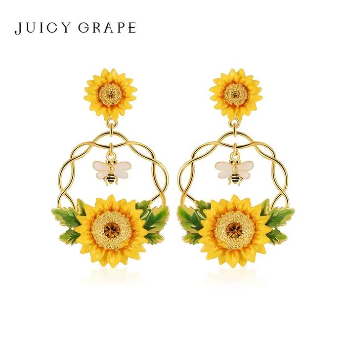 Bijoux en émail tournesol raisin juteux plaqués d'or 18 carats émail peint à la main pour femmes occasions spéciales mariage party élégance sophistiquée
