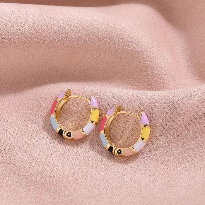 Mini boucles d'oreilles créoles cercle rond arc-en-ciel en émail mignon pour femmes