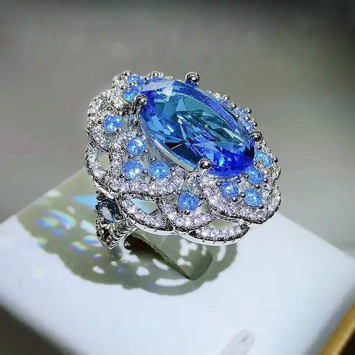 Bague à grandes fleurs en Zircon bleu scintillant pour femme