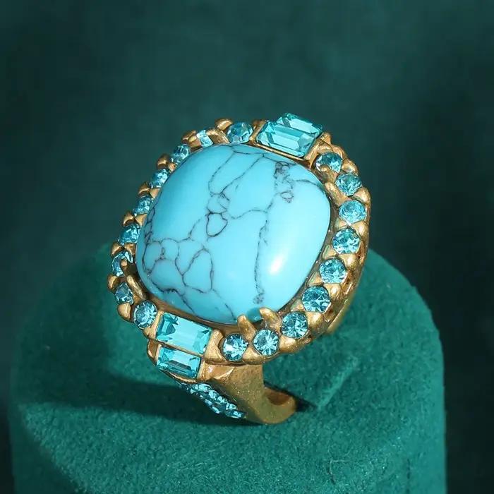 Bague Turquoise Art Déco vintage | Plaqué or 18 carats et cuivre | Conception de pierre sertie de broches