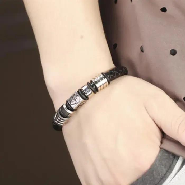 Bracelet en cuir véritable avec boucle magnétique pour homme, bijou en acier inoxydable, bracelet à breloques style décontracté pour occasions spéciales