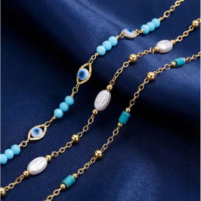 Bracelet Œil Turc En Acier Inoxydable Pour Femmes Perles Turquoises Chaîne De Maillons Protection Amulette Cadeau Occasions Spéciales