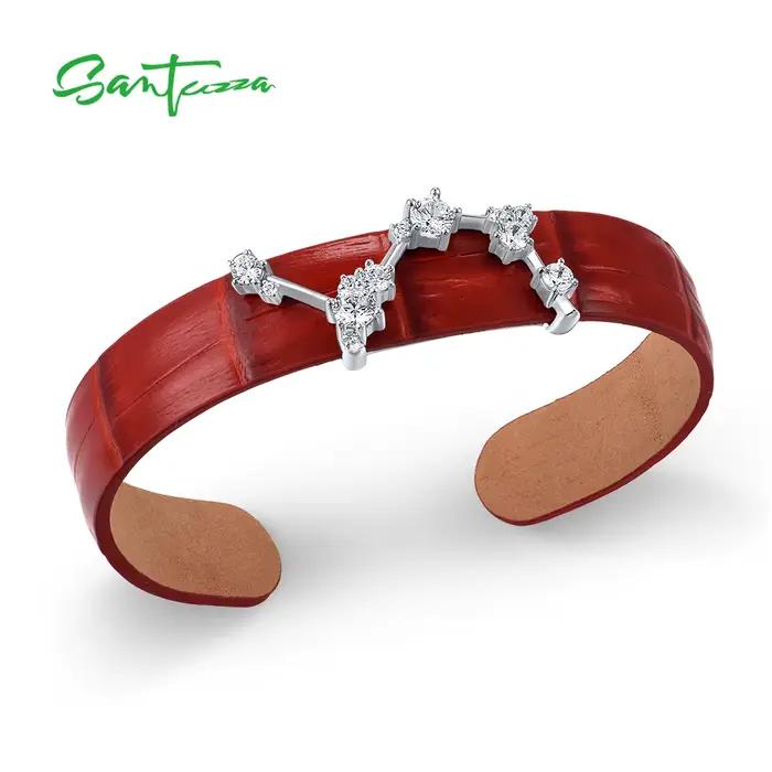 Bracelet en argent sterling 925 et cuir véritable ajustable pour femmes, bracelet constellation zirconium rouge noir bleu marron occassionnels elegance