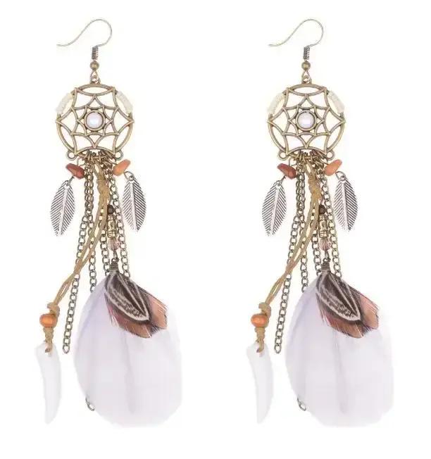 Boho ethnique capteur de rêves plume Antique Long crochet boucles d'oreilles fantaisie à la main chaîne gland boucle d'oreille pour les femmes bijoux