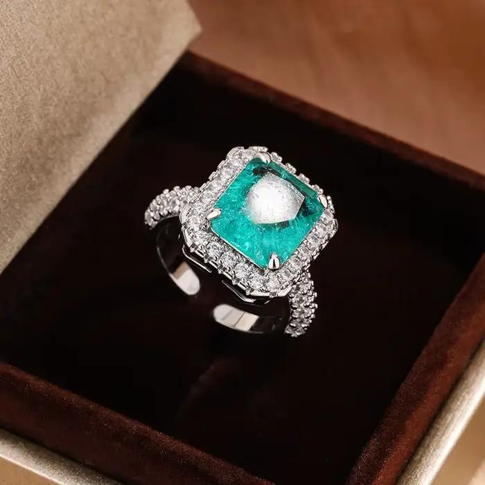 Nouveau Paraiba Imitation émeraude Tourmaline bague pour femmes 925 argent plein diamant ouverture bague fête cadeau d'anniversaire