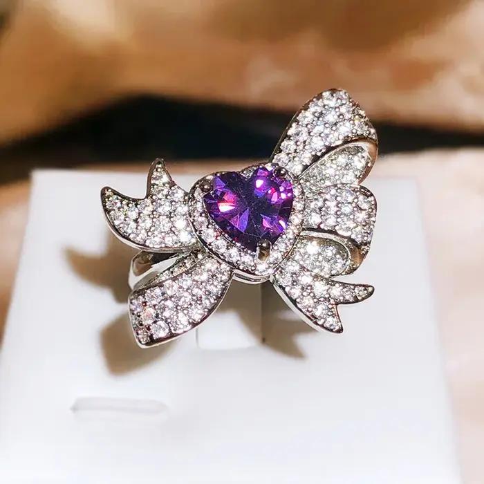 Bague papillon incrustée de saphir exagéré en argent 925, arc créatif, vif, lumineux, luxueux, cadea