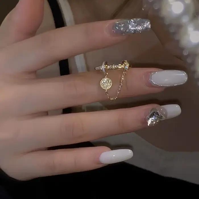 Bague ajustable à pampilles circulaires en zircon et diamant, avec détails goutte d'huile, pour femme, accessoire de fête luxueux et tendance