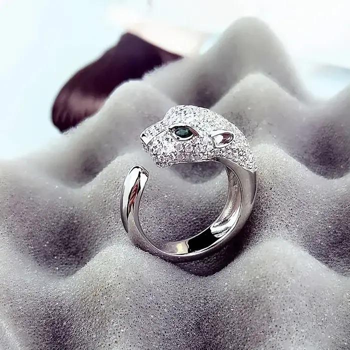 Bague de cocktail en argent sterling 925 avec motif tête de léopard cristal pour femmes et hommes occasions spéciales