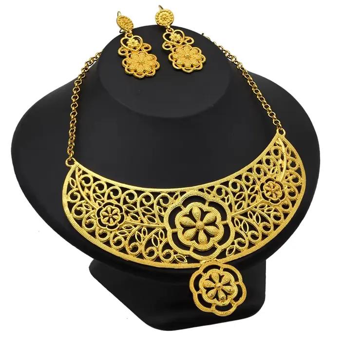 Ensemble de bijoux nigériens pour femmes, collier de fleurs, boucles d'oreilles, couleur or 24 carat