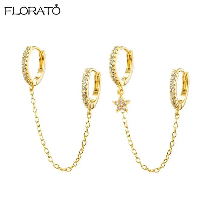 1 pièces Double cerceau boucle d'oreille avec chaîne 925 en argent Sterling oreille aiguille cristal Huggie boucles