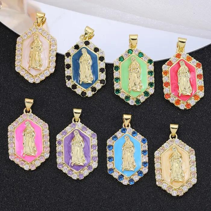 Juya 18K véritable plaqué or pavé Cz Saint Mary vierge émail artisanat breloques pour bricolage pendentif chrétien Talisman fabrication de bijoux