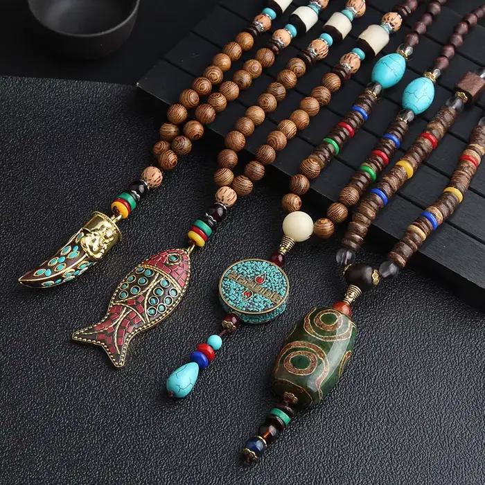 14 nouveau collier ethnique fait à la main du népal bouddhiste Mala perles de bois pendentif