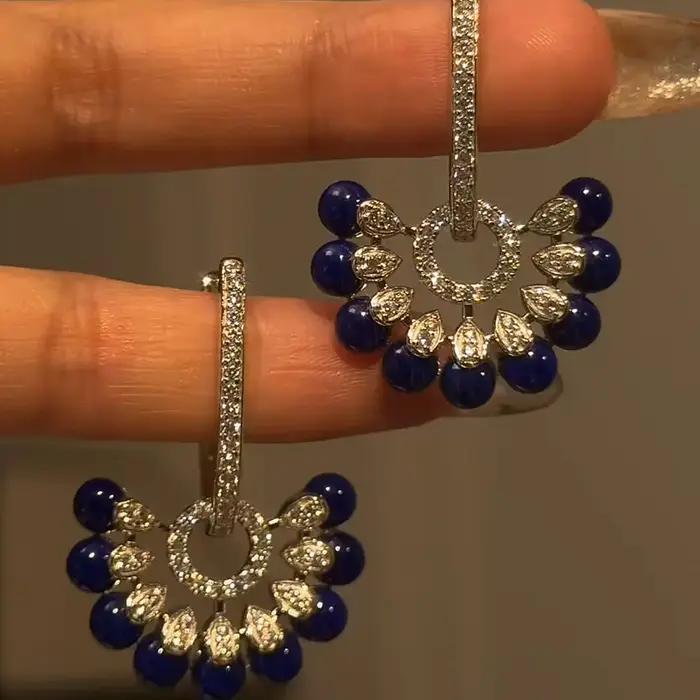 Boucles d'oreilles Vintage à pampilles en pierres précieuses bleu foncé pour femmes