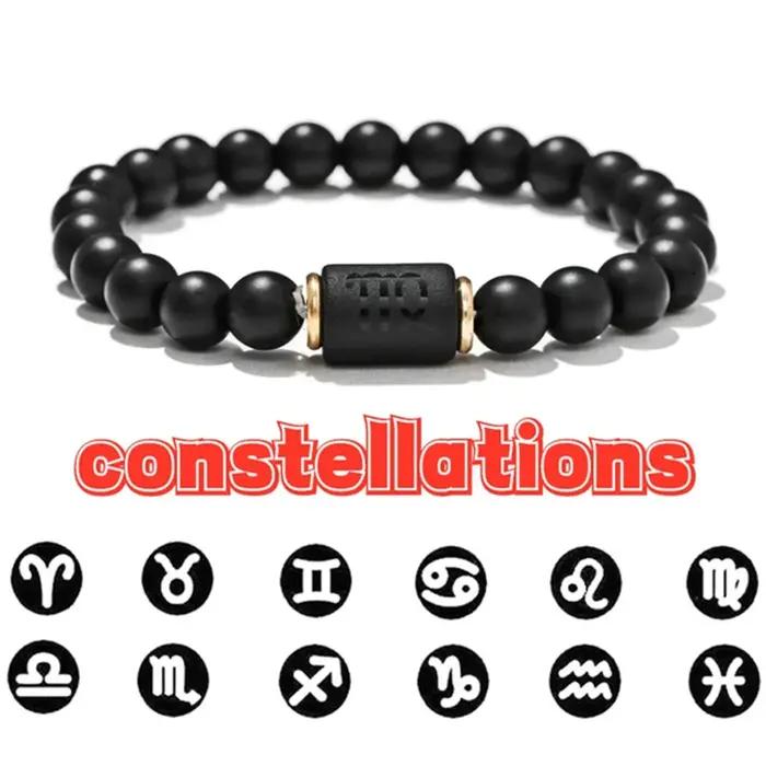 Bracelet Simple 12 Constellations pour Hommes et Femmes Motifs Étoiles Pierres Noires Accessoires de Poignet Occasions Spéciales Cadeau Astrologique