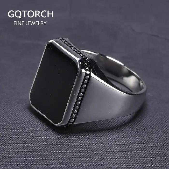 Bague en argent Sterling 925 massif pour hommes, Simple, avec pierre de Gel plate carrée noire, haut