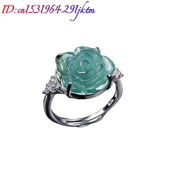 Myanmar jadéite Rose anneaux charme 925 argent naturel bijoux mode Vintage Talismans sculpté pierre précieuse concepteur réel Jade