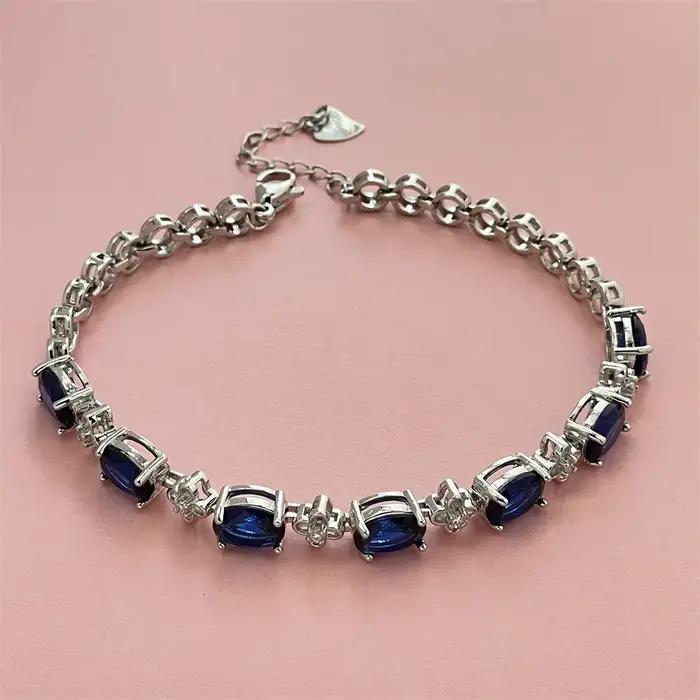 Bracelet en argent sterling 925 avec pierre précieuse bleu foncé