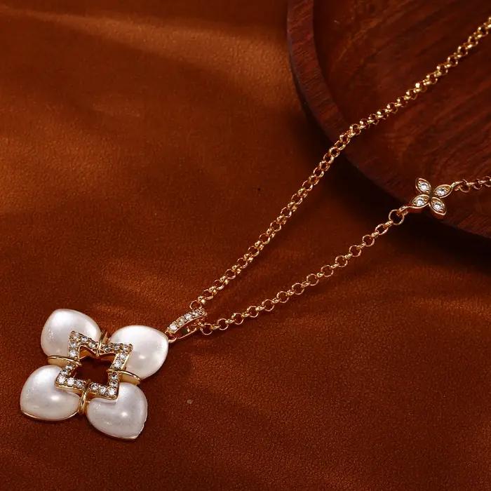 Elegant Four-Leaf Clover Mother of Pearl CZ Necklace & Earring Set Rose Gold Plated Stackable Jewelry for Women Daily Wear Datin