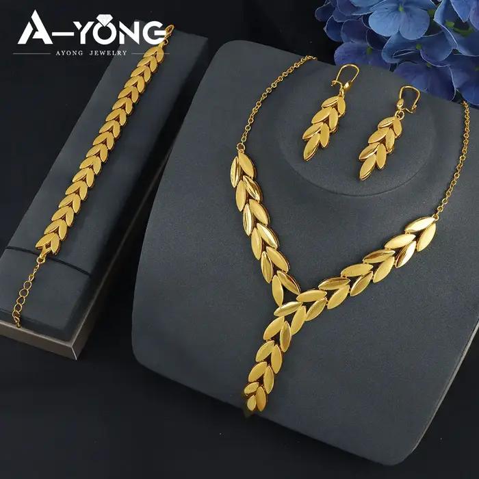 Ensemble de bijoux Habesha plaqué or 21 carats avec feuilles de zircone brésiliennes collier bracelet boucles doreilles pour femmes occasions spéciales