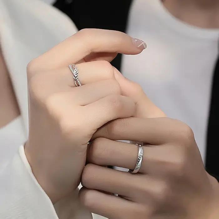 1 paire vers le bonheur chevauchement ouverture Couple anneau cuivre plaqué platine hommes femmes blé forme doigt bijoux livraison directe