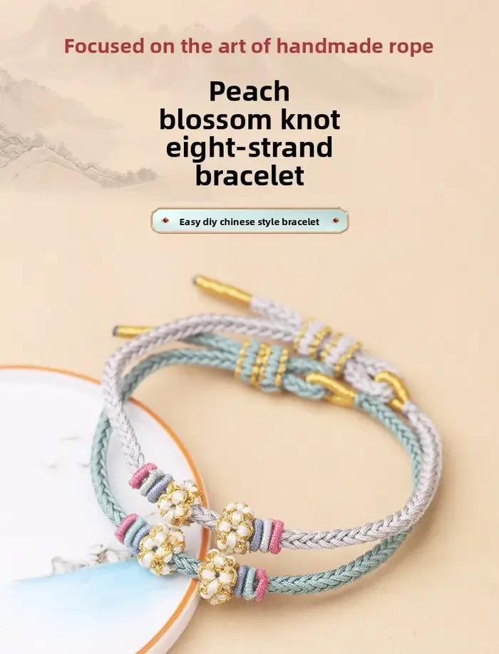 Bracelet ajustable tressé à la main motif fleur de pêcher nylon cordon perlé à huit brins pour femmes occasions spéciales DIY bijoux
