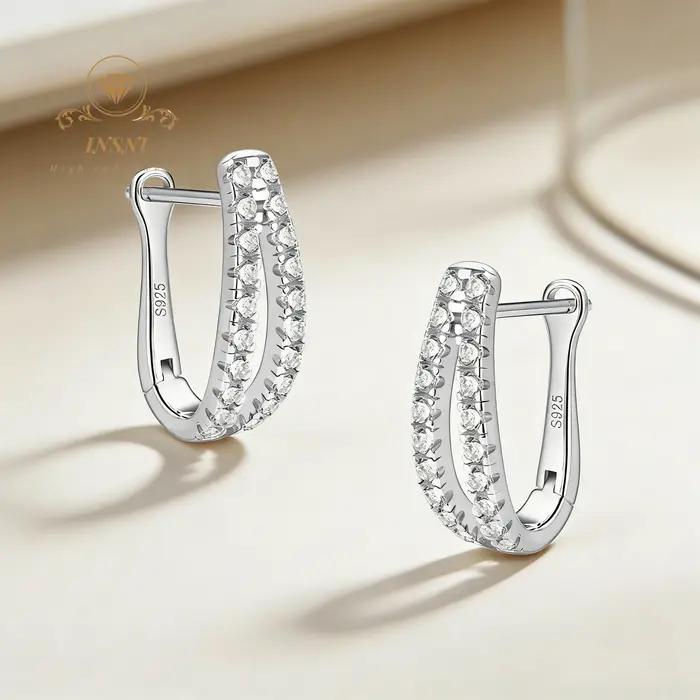 Boucles d'oreilles en argent en forme de U incrustées de moissanite et de diamants double rangée, bi