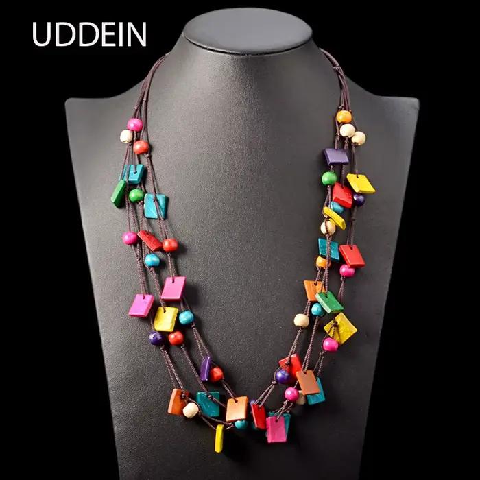 UDDEIN bohême déclaration collier et pendentif multicouche perles bois pendentif Long collier Vintag