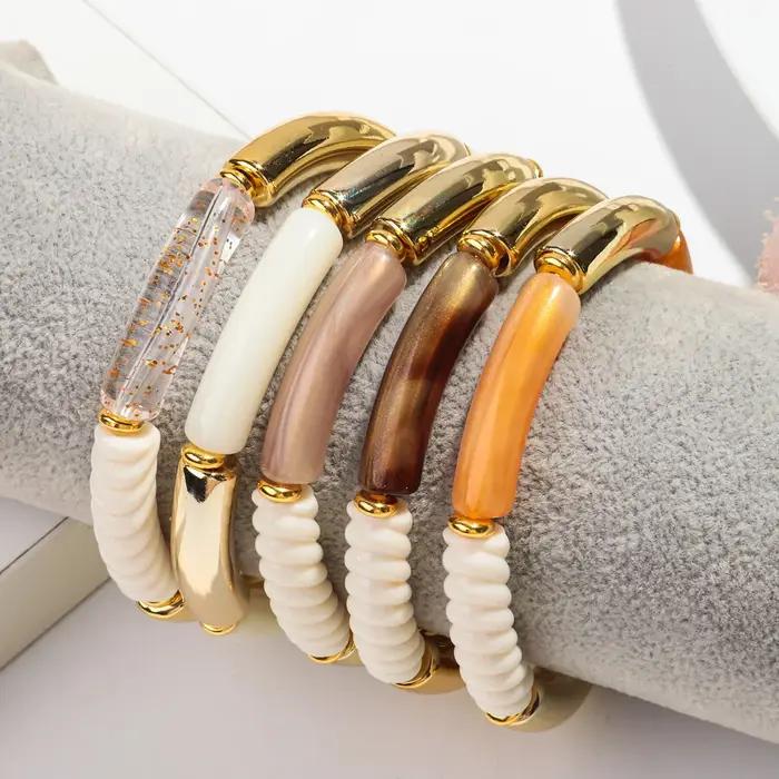 Bracelets à Main en Fil de Bambou Acrylique pour Femme Accessoire en Résine Empilable Tube Fin Perle Extensible Bijoux Cadeaux Occasions Spéciales