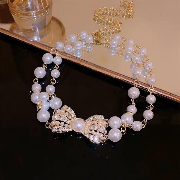 Collier en perles d'imitation style français avec nœud chaîne de clavicule de luxe léger pour mariée bijoux de fête et de mariage occasions spéciales