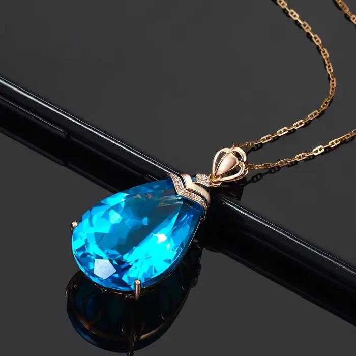 Collier en or rose 14K pendentif saphir bleu pour femme topaze goutte calcédoine